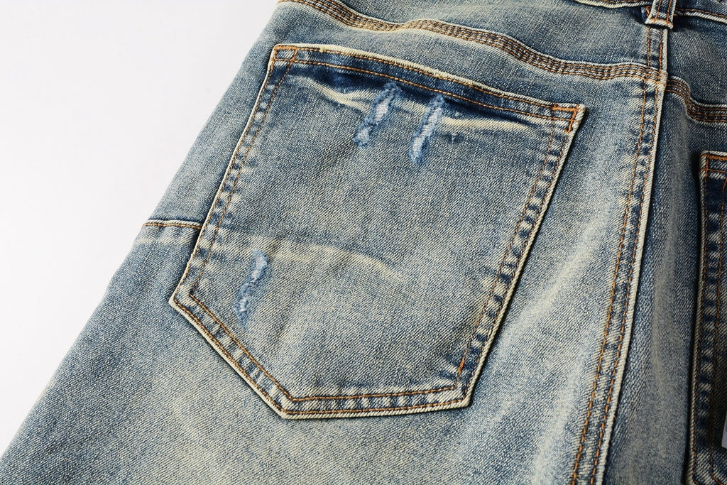 Men's Slim Fit Distressed Light Blue Damaged Holes Blue Patchwork Stretch Ripped Jeans Pants