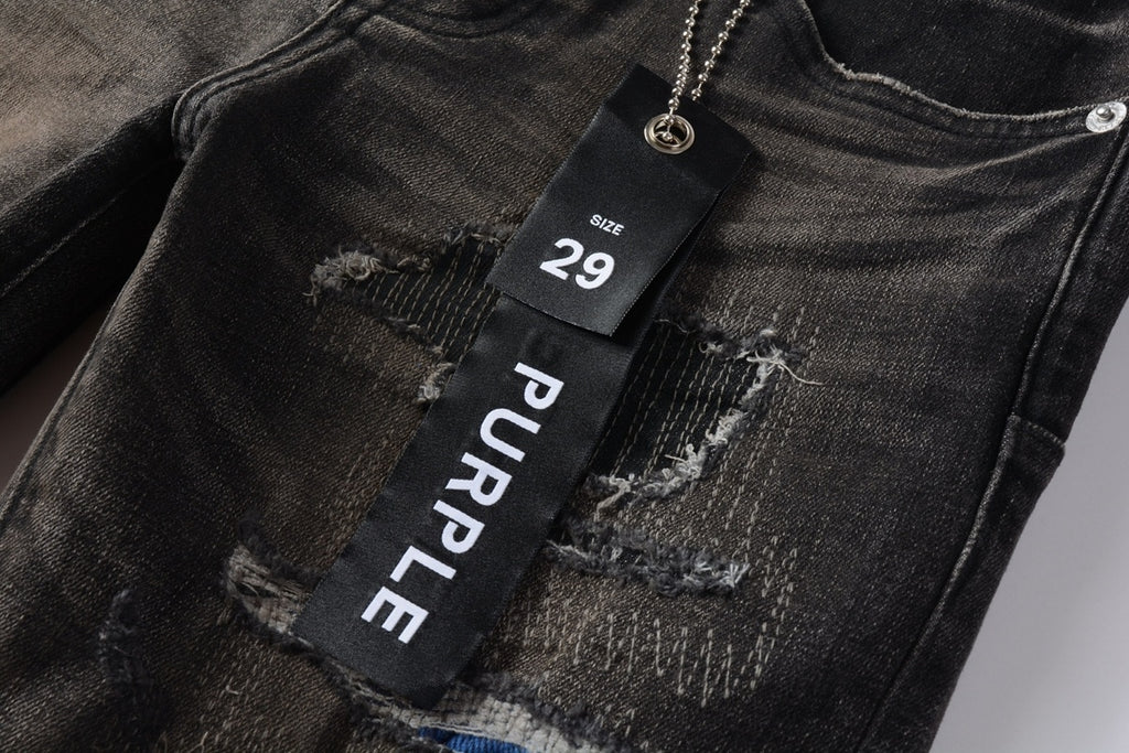 Men's Distressed Black Gray Patchwork Skinny Jeans with Ripped Holes & Button Fly