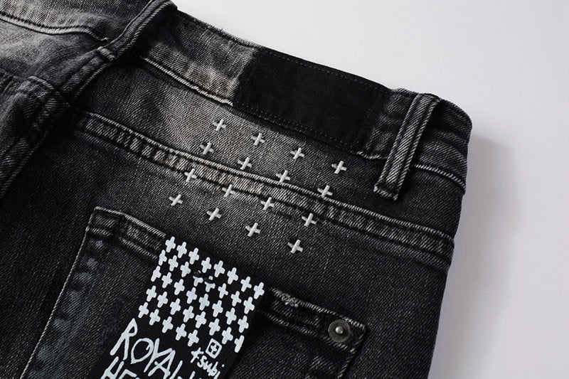 Men's Black Gray Washed Distressed Skinny Jeans - Streetwear Ripped Denim Pants