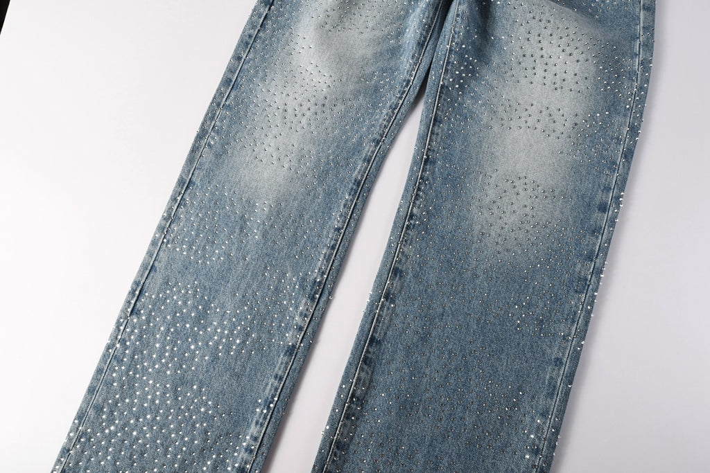 Distressed Blue Baggy Rhinestones Loose Ripped Jeans | Trendy Street Style Denim