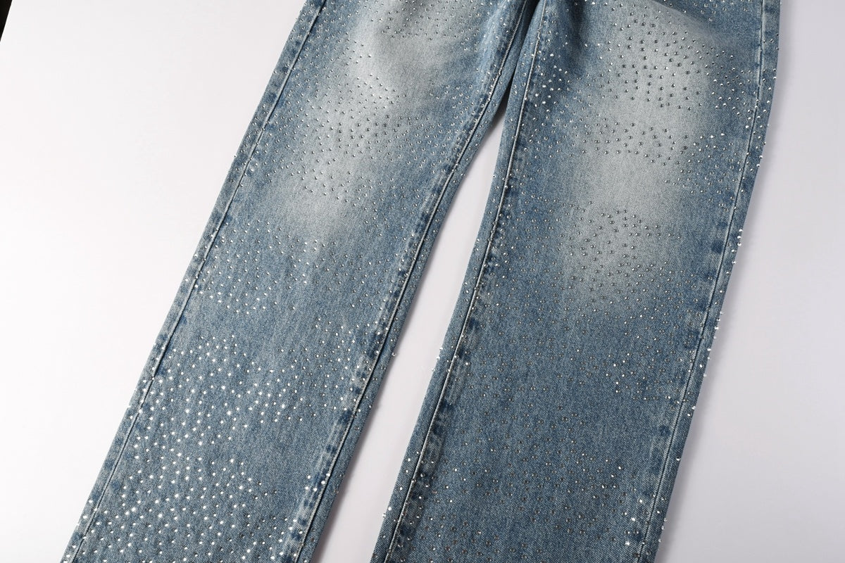 Distressed Blue Baggy Rhinestones Loose Ripped Jeans | Trendy Street Style Denim