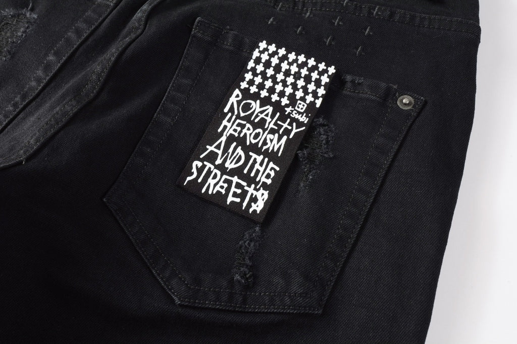Men's Black Heavy Distressed Bandana Patch Skinny Jeans - Stretch Denim