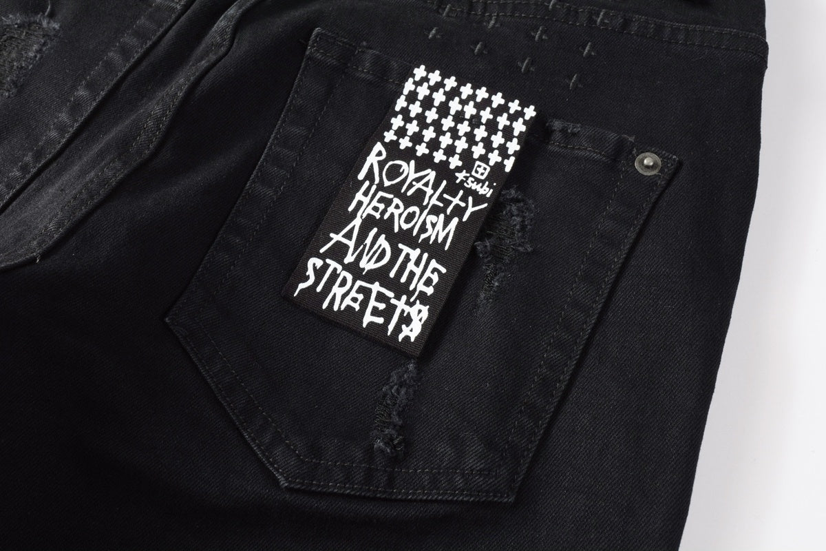 Men's Black Heavy Distressed Bandana Patch Skinny Jeans - Stretch Denim