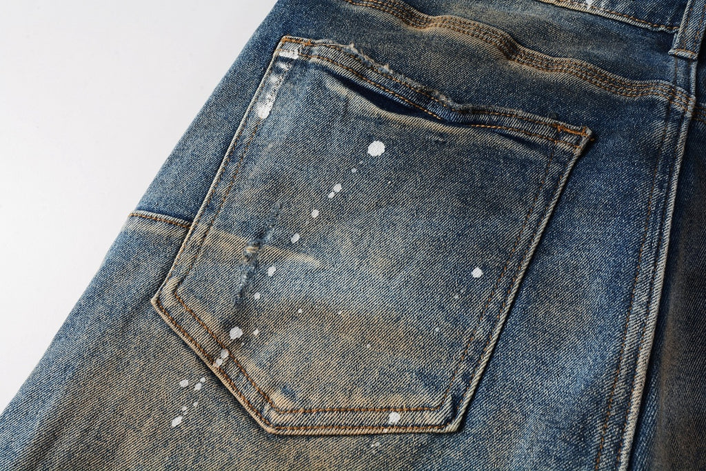 Men's Blue High Street Distressed Dirty Damaged Holes Stretch Slim Fit Ripped Jeans
