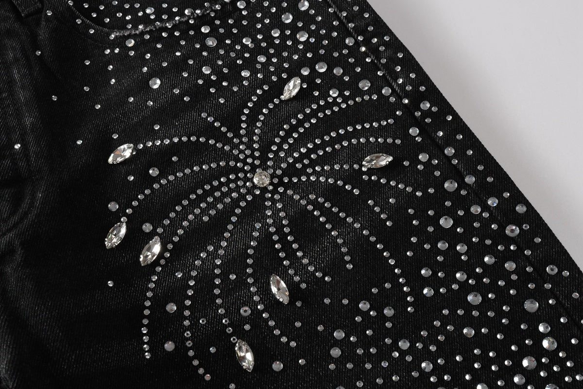 Men's Distressed Black Baggy Jeans with Rhinestones & Street Style