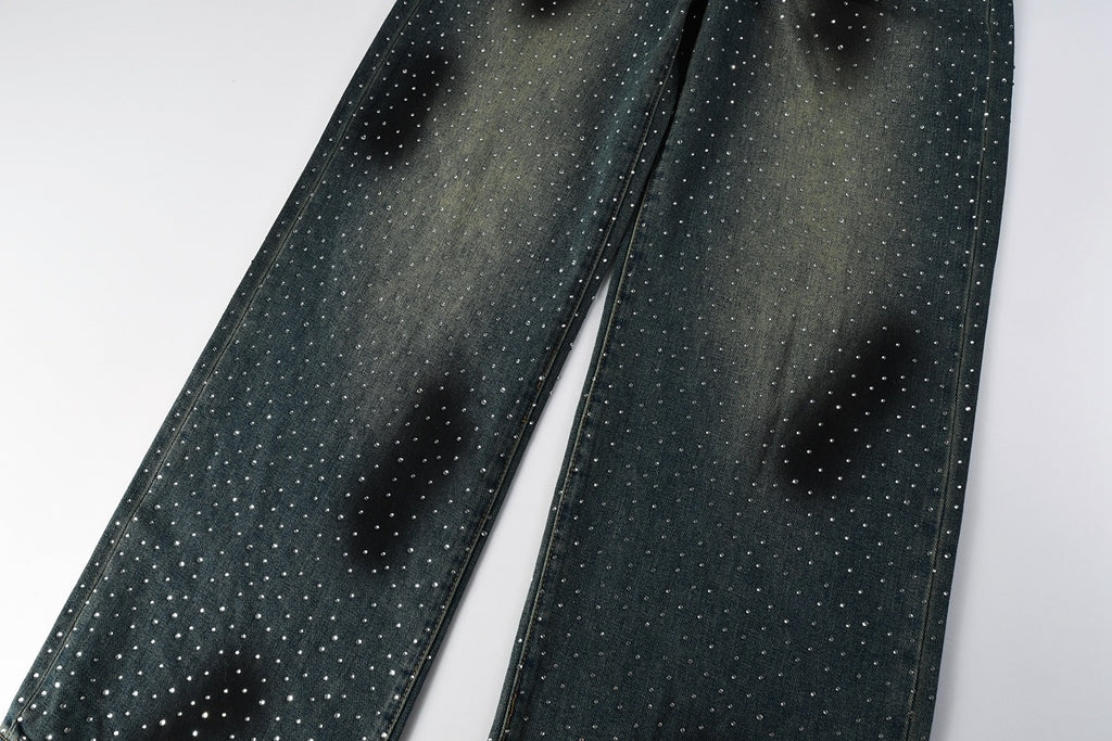 Men's & Women's High Street Baggy Distressed Blue Jeans with Rhinestones & Loose Fit