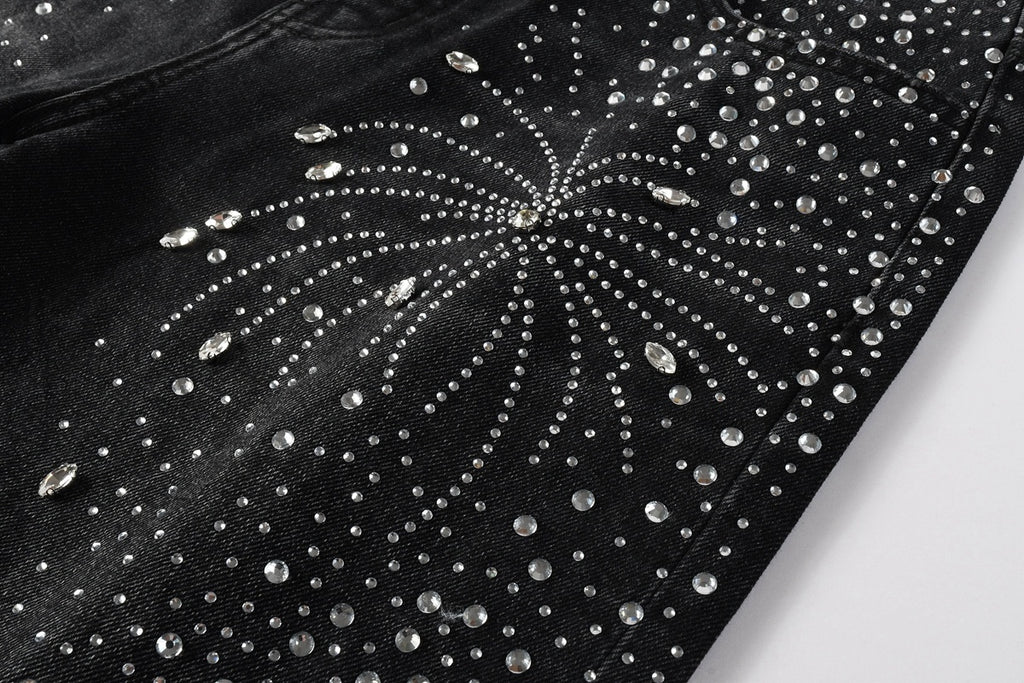 Men's Distressed Black Denim Shorts with Rhinestones, Ripped Holes & Raw Hem