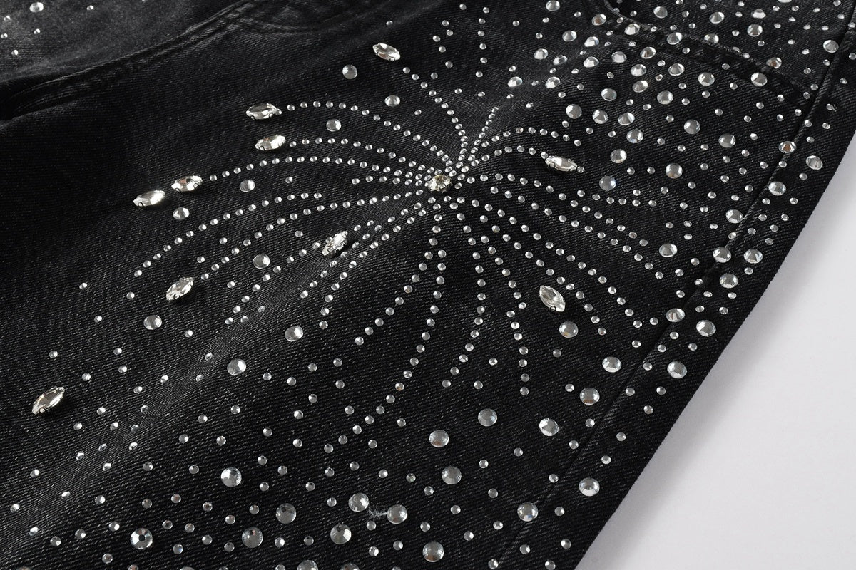 Men's Distressed Black Denim Shorts with Rhinestones, Ripped Holes & Raw Hem