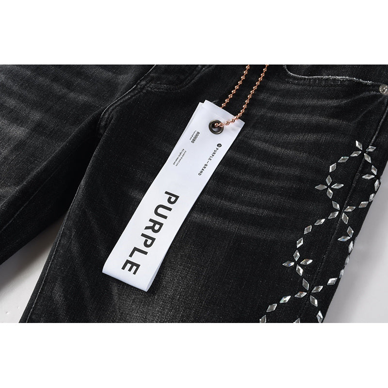 Men's Black Washed Bandana Rhinestone Skinny Jeans | Streetwear Slim Fit Embellished Denim Pants