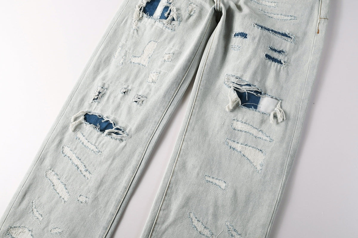 Men's Wide Leg Distressed Blue Jeans with Bandanna Patchwork, Ripped Holes & Button Fly
