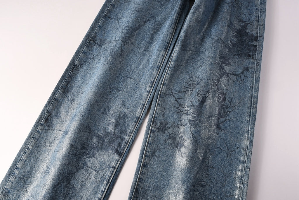 Men's Distressed Blue Coated Baggy Jeans with Graffiti Design & Stretch Fit