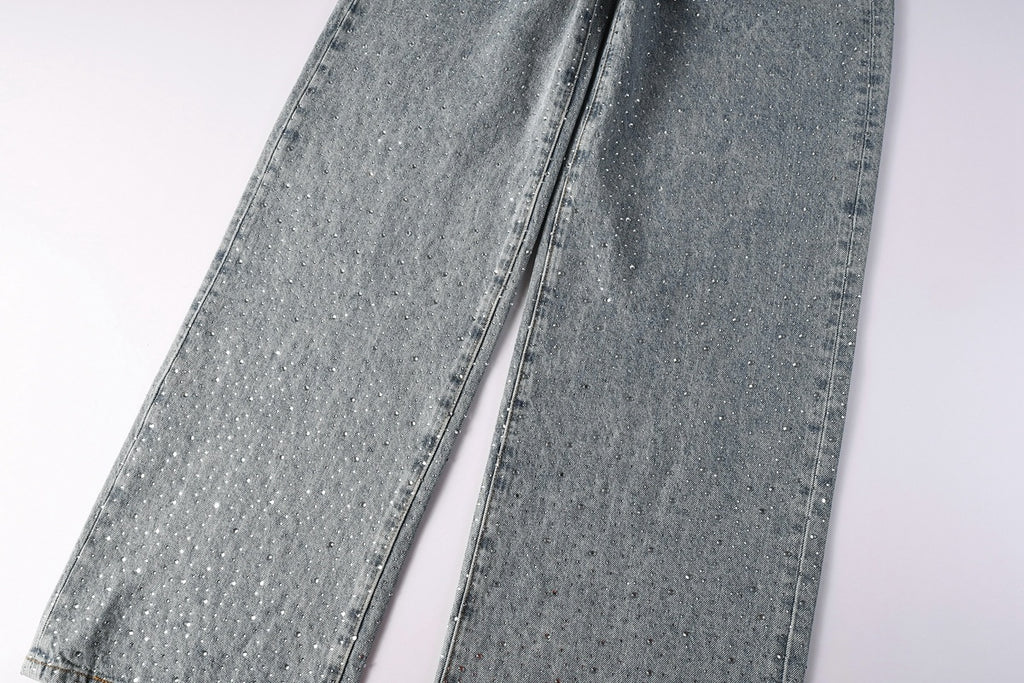 Men’s Baggy Light Blue Rhinestone Jeans – Loose Fit Wide Leg Denim
