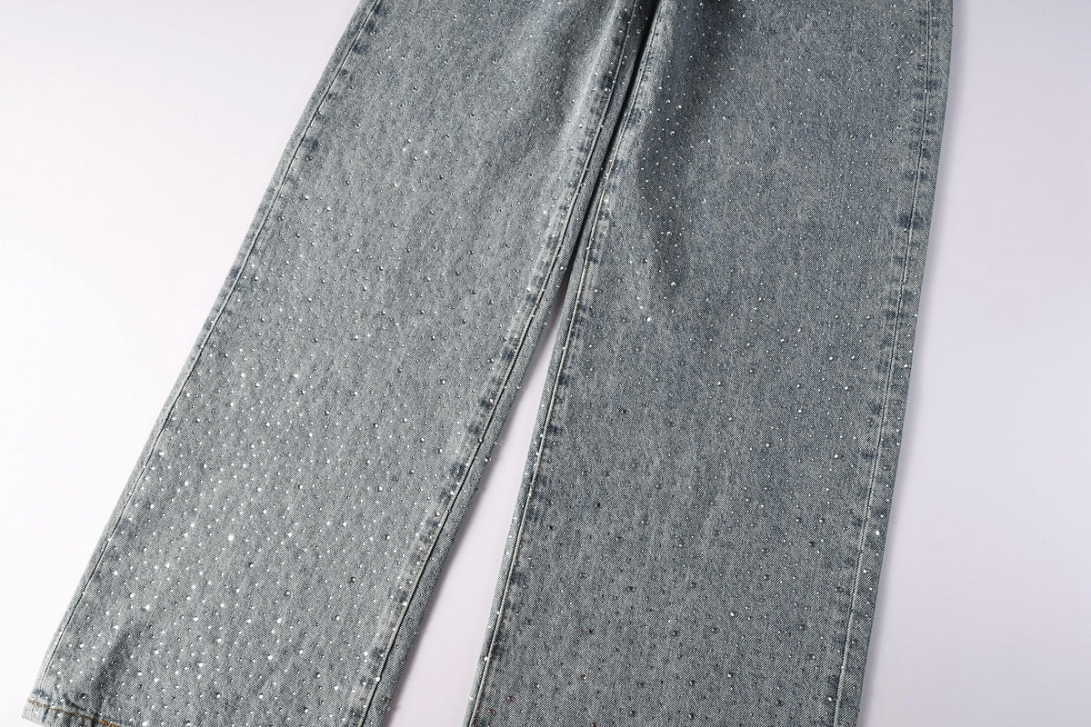 Men’s Baggy Light Blue Rhinestone Jeans – Loose Fit Wide Leg Denim