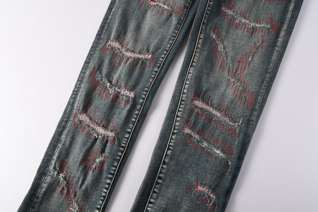 Men's Distressed Blue Skinny Jeans with Devil Suture Design & Ripped Holes & Button Fly