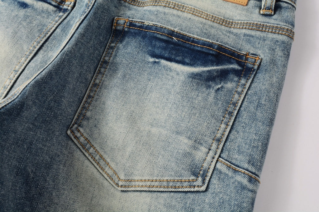 Men's Distressed Light Blue Slim Fit Patchwork Skinny Jeans with Ripped Holes & Button Fly