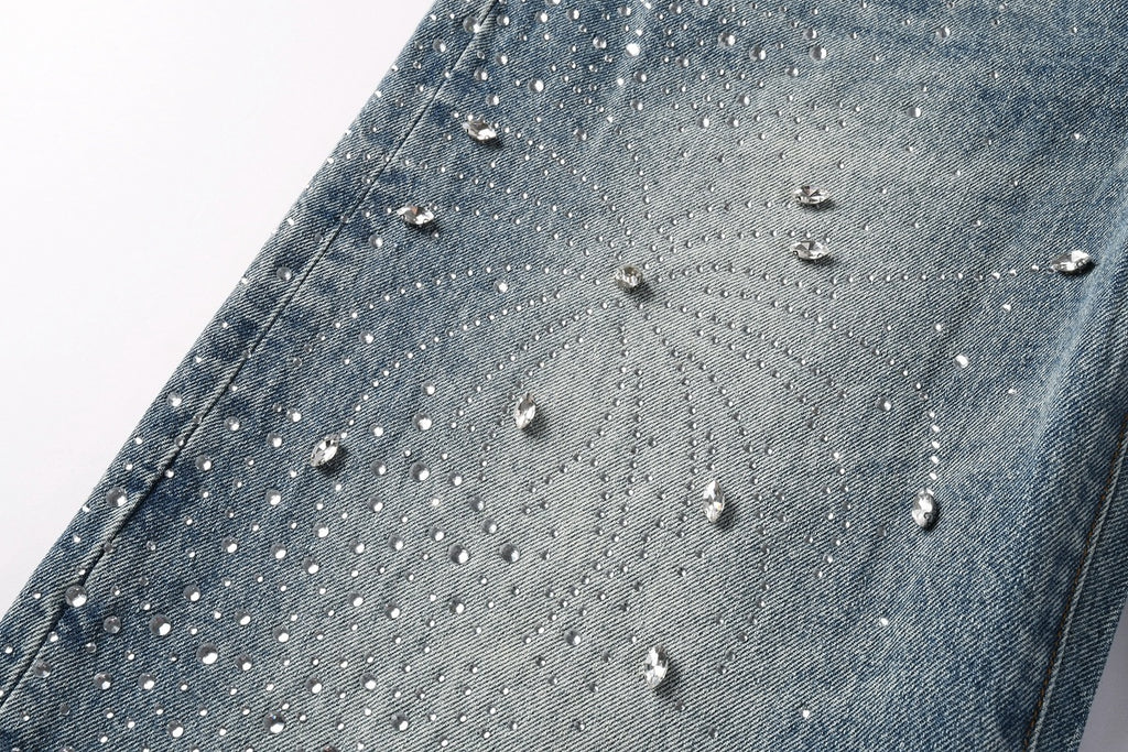 High Street Baggy Jeans - Distressed Blue Rhinestones Pattern | Loose Ripped Jeans