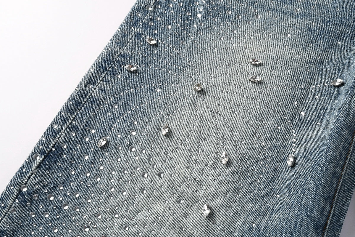 High Street Baggy Jeans - Distressed Blue Rhinestones Pattern | Loose Ripped Jeans