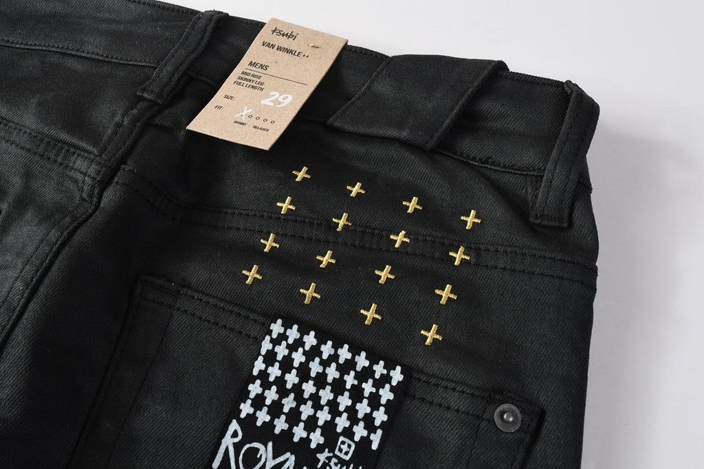 Men’s Black Waxed Skinny Jeans - Gold Studded Streetwear Denim