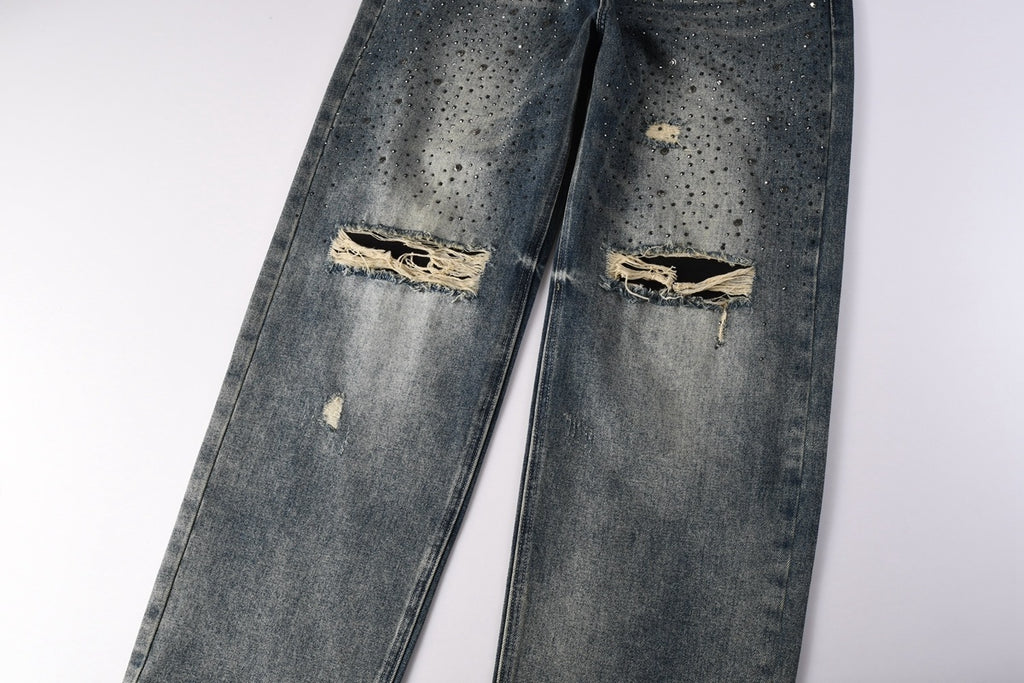 High Street Distressed Blue Rhinestones Baggy Jeans - Loose Ripped Jeans