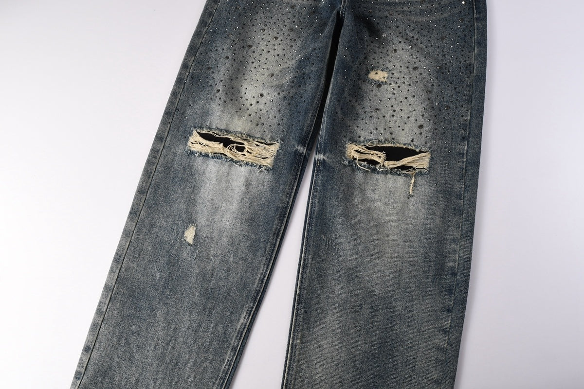 High Street Distressed Blue Rhinestones Baggy Jeans - Loose Ripped Jeans