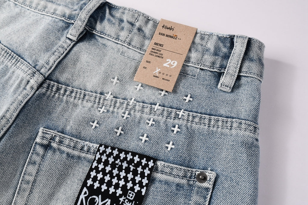 Men’s Light Wash Baggy Jeans - Cross Embroidered Loose Denim