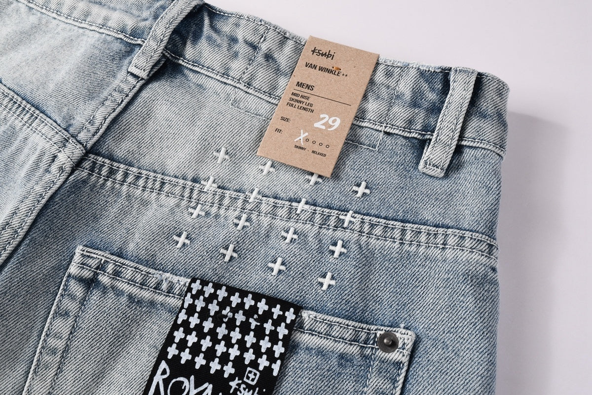 Men’s Light Wash Baggy Jeans - Cross Embroidered Loose Denim