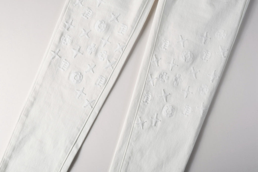 Men's Distressed White Skinny Jeans with Embroidered Patterns & Ripped Holes & Button Fly