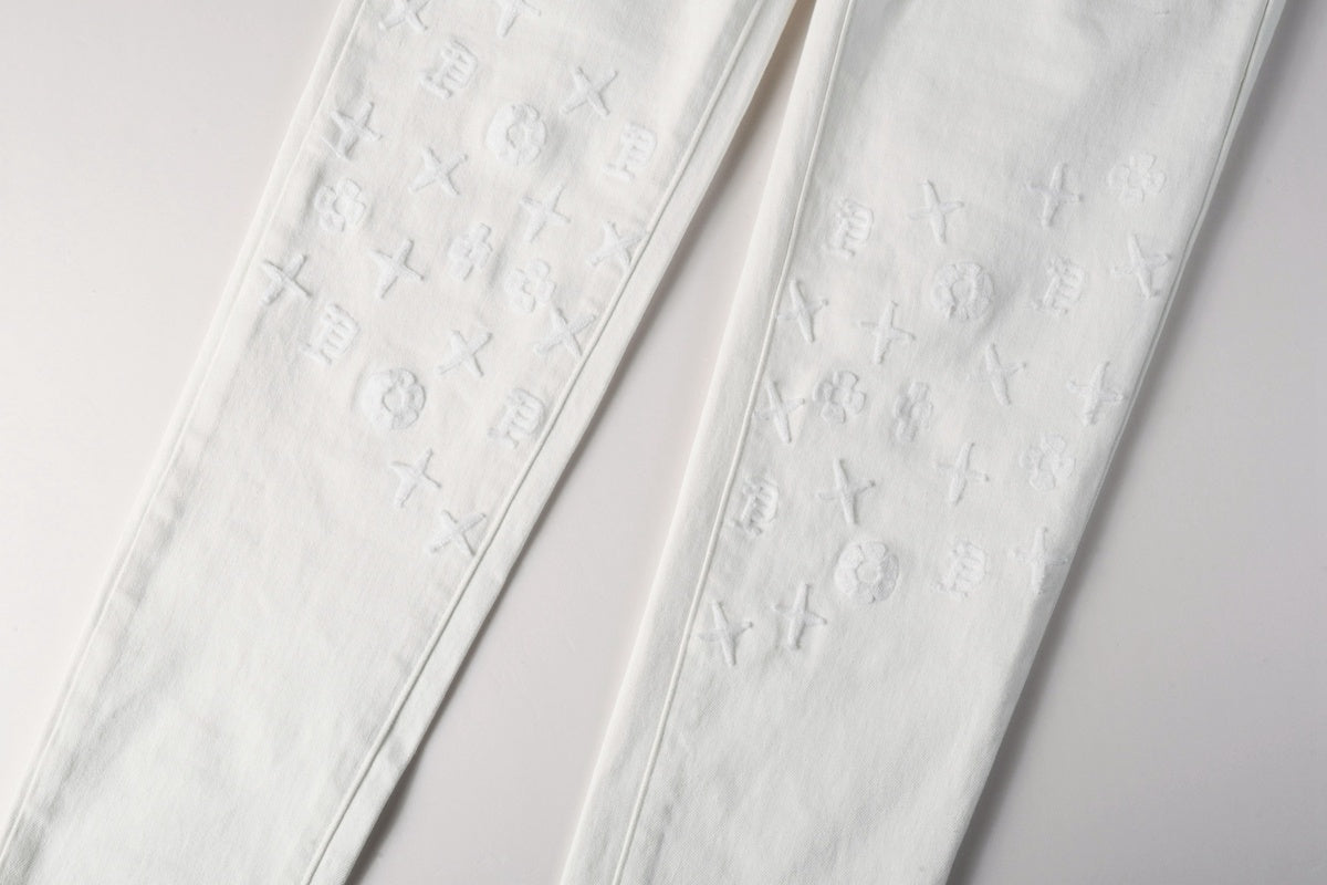 Men's Distressed White Skinny Jeans with Embroidered Patterns & Ripped Holes & Button Fly