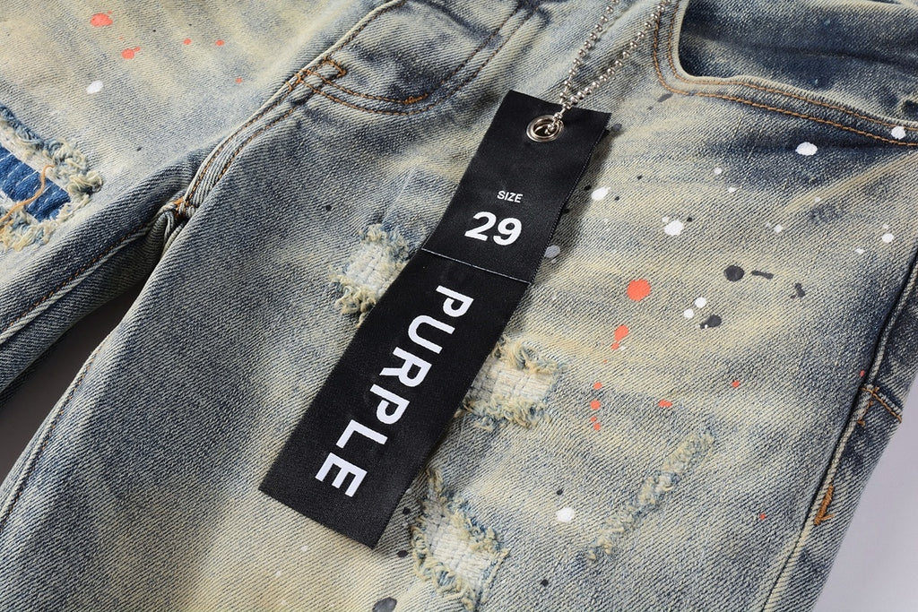 Men's Slim Fit Distressed Washed Light Blue Graffiti Jeans with Ripped Holes & Button Fly