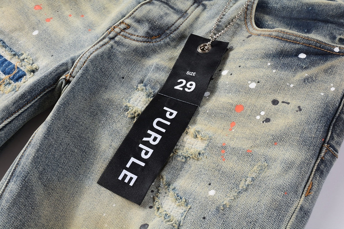 Men's Slim Fit Distressed Washed Light Blue Graffiti Jeans with Ripped Holes & Button Fly