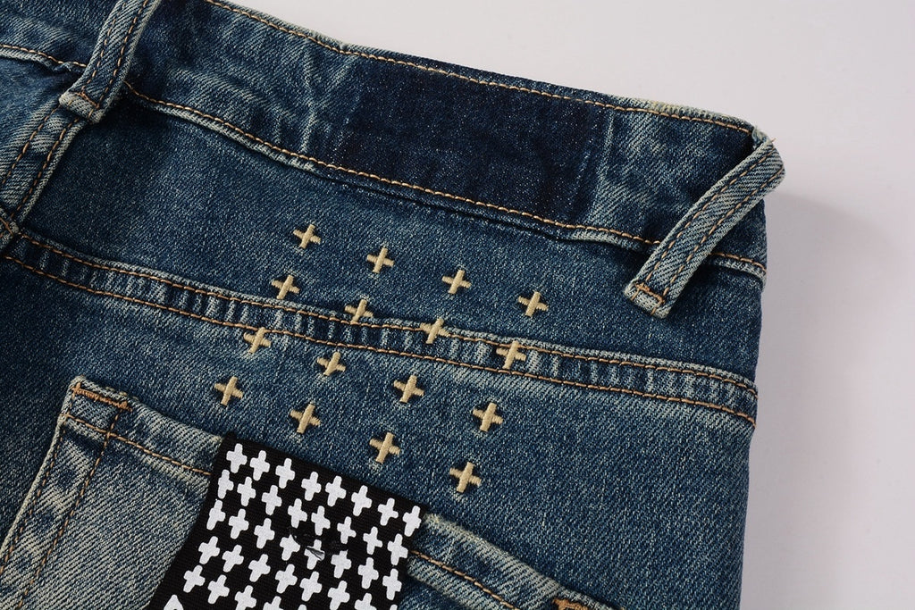 Men's Vintage Blue Multi-Rip Distressed Skinny Jeans - Stretch Denim