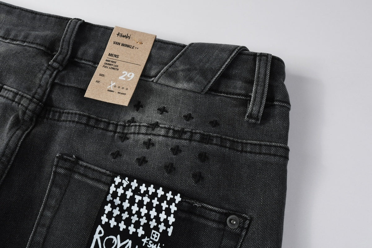 Men's Ksubi-Style Black Distressed Rhinestone Skinny Jeans