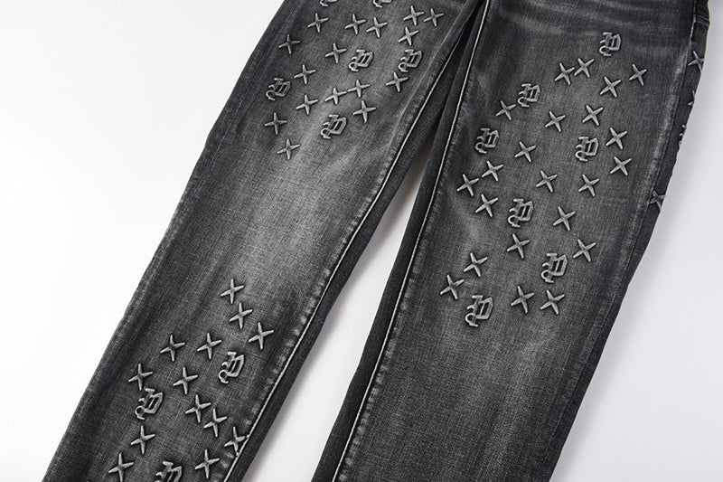 Men's Black Washed Embroidered Cross & Logo Skinny Jeans | Streetwear Slim Fit Denim Pants