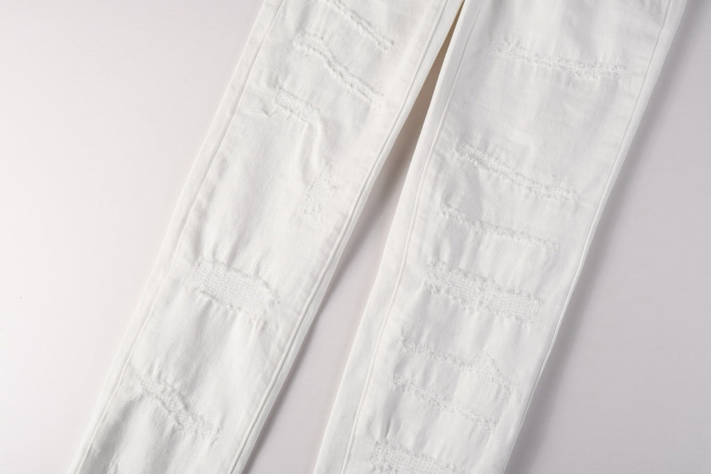 Men's Distressed White Beige Skinny Jeans with Ripped Holes & Button Fly