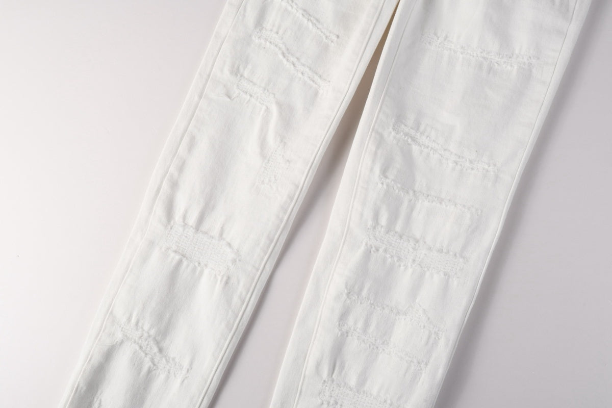 Men's Distressed White Beige Skinny Jeans with Ripped Holes & Button Fly
