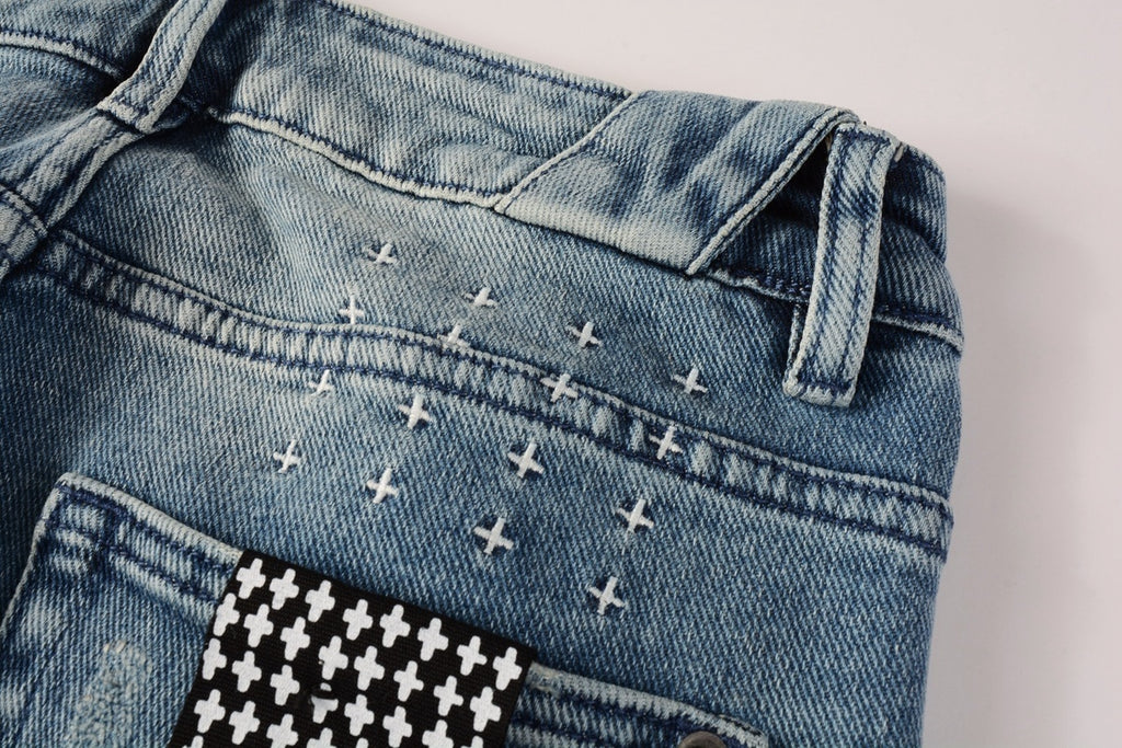 Men's Light Wash Multi-Patch Distressed Skinny Jeans - Stretch Denim