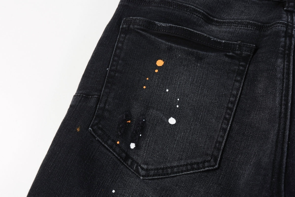 Men's Streetwear Slim Fit Distressed Black Damaged Holes Stretch Ripped Jeans