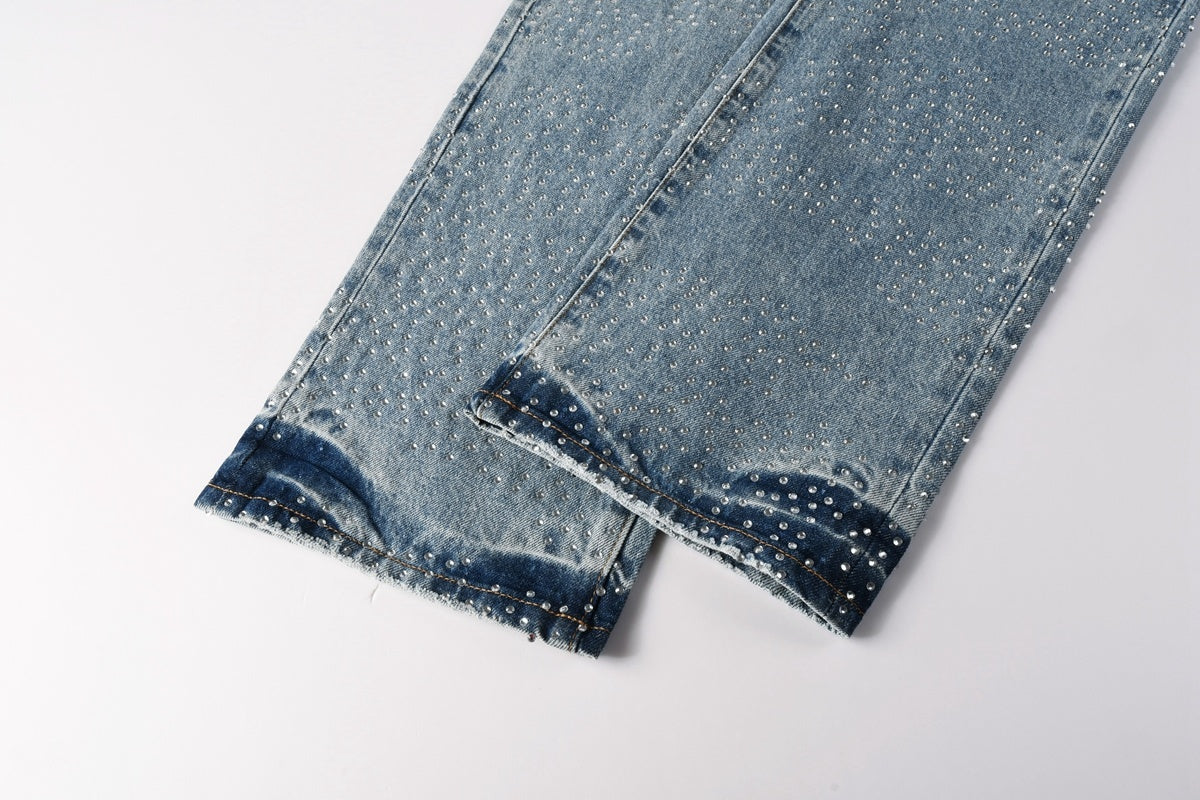 Distressed Blue Baggy Rhinestones Loose Ripped Jeans | Trendy Street Style Denim