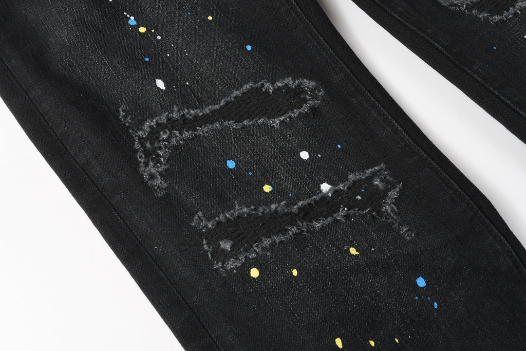 Men's Distressed Dark Black Skinny Jeans with Graffiti & Spray Paint Design & Ripped Holes