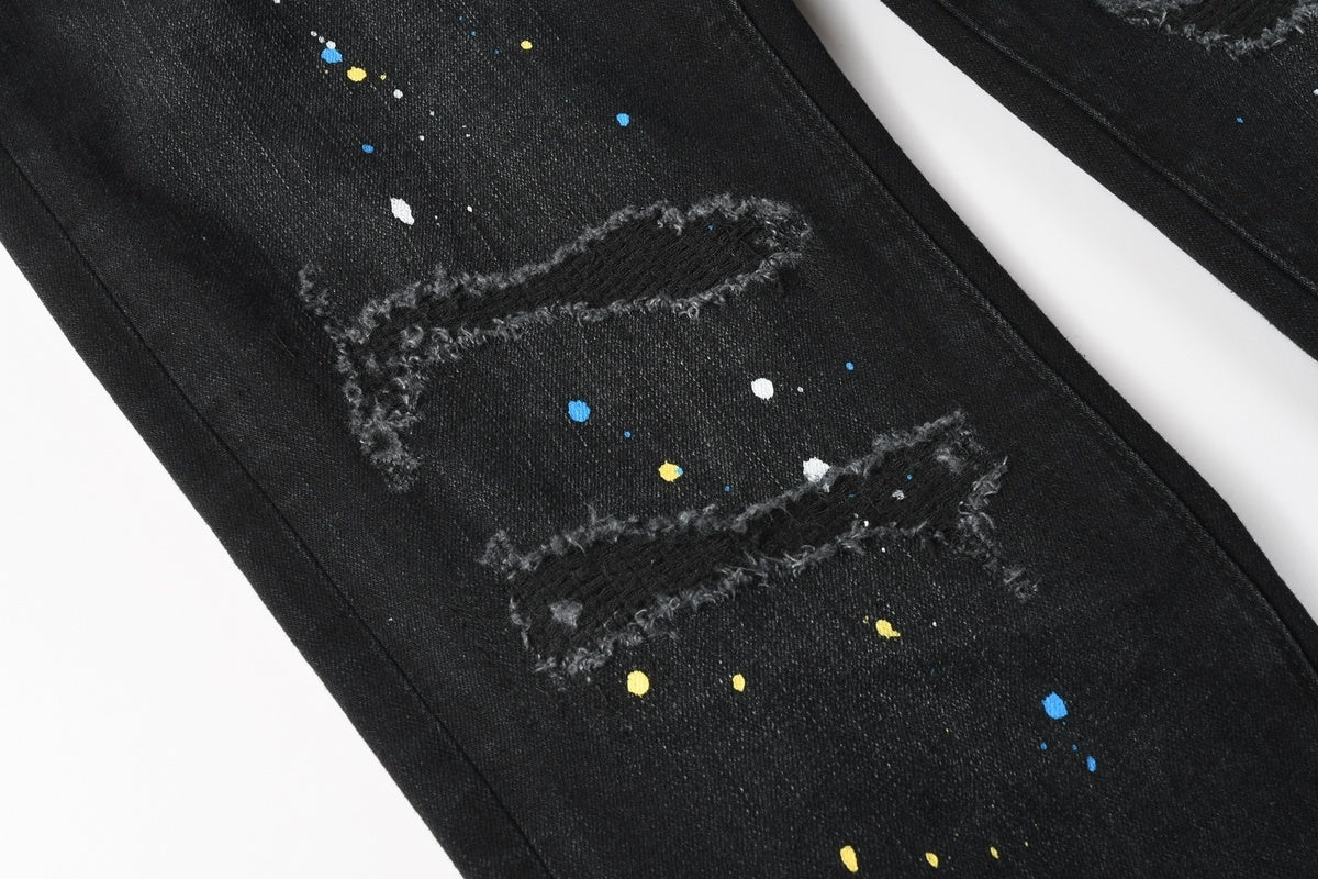 Men's Distressed Dark Black Skinny Jeans with Graffiti & Spray Paint Design & Ripped Holes