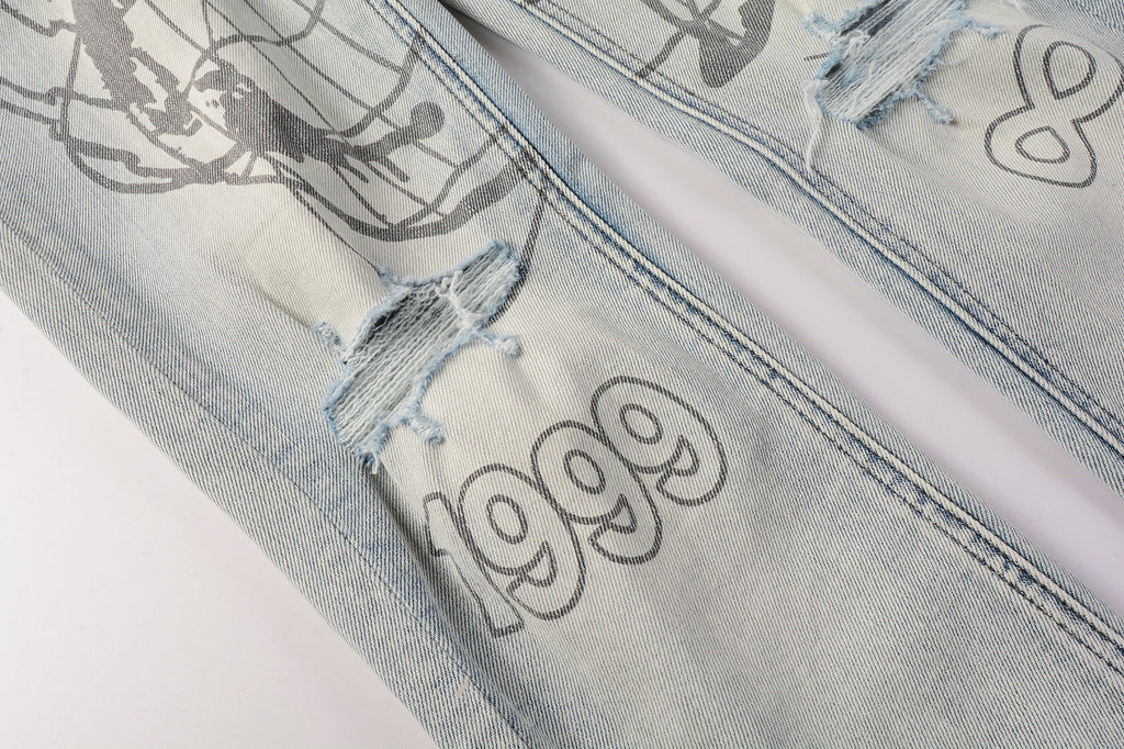 Men's Light Wash Graphic Print Distressed Skinny Jeans - Stretch Denim