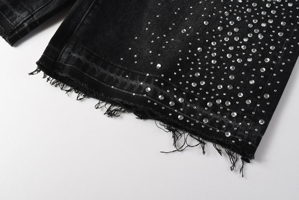 Men's Distressed Black Denim Shorts with Rhinestones, Ripped Holes & Raw Hem