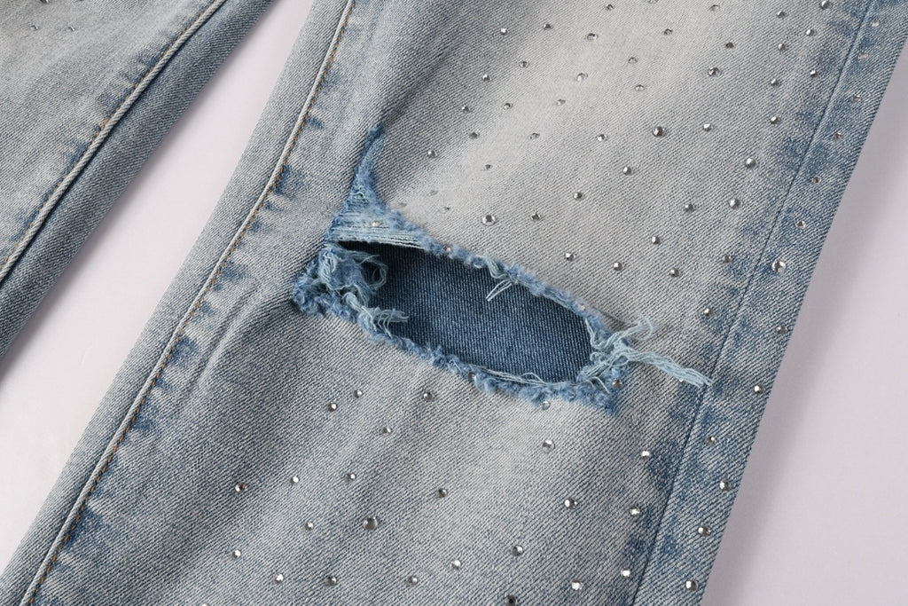 Men's Distressed Light Indigo Skinny Jeans with Transparent Rhinestones & Ripped Holes