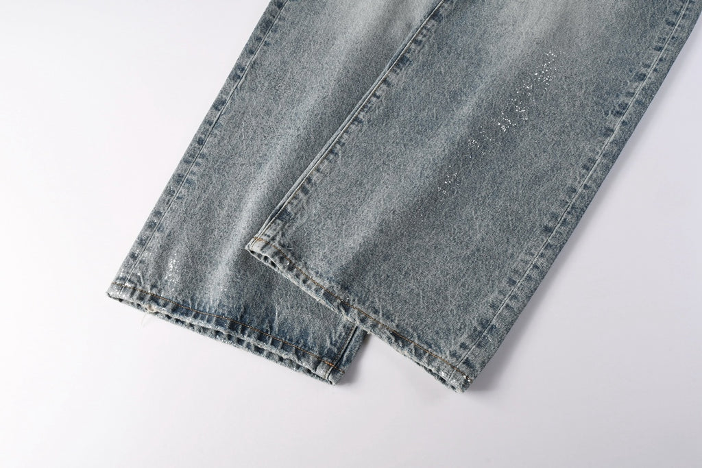 Men's Loose Distressed Blue Baggy Jeans with Coated Finish, Ripped Details & Stretch Fit