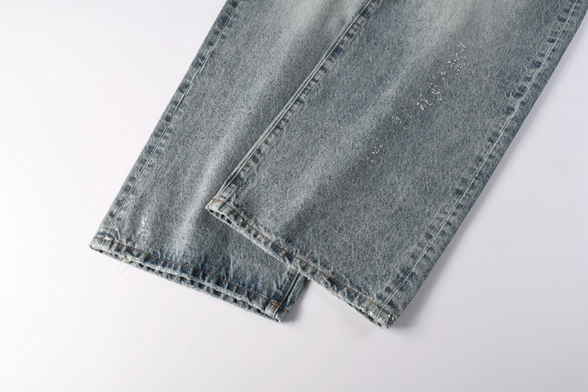 Men's Loose Distressed Blue Baggy Jeans with Coated Finish, Ripped Details & Stretch Fit