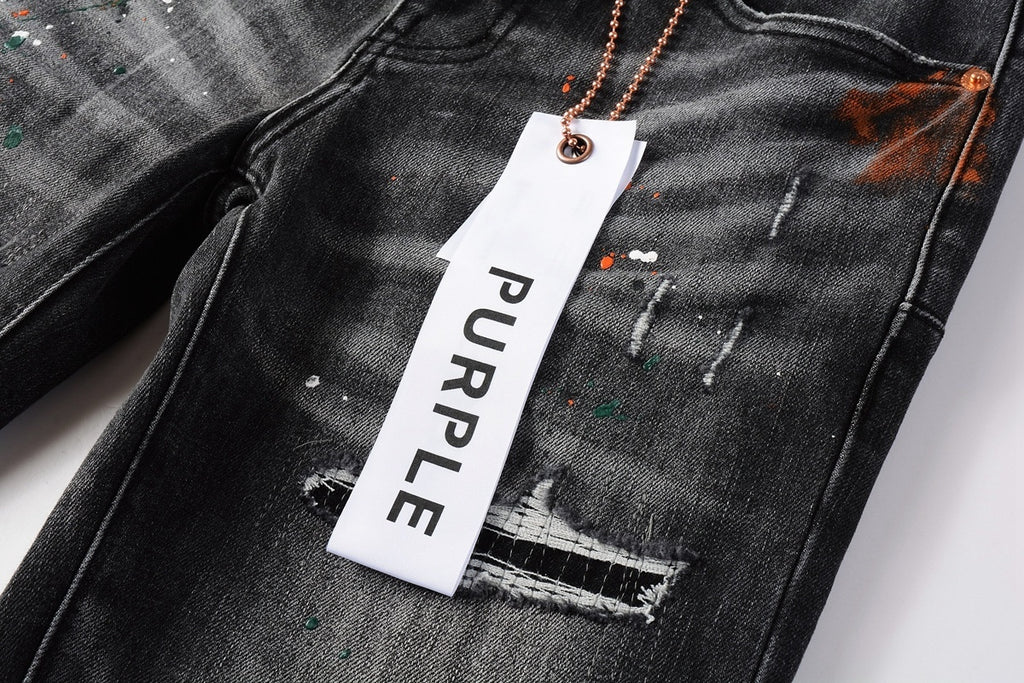 Men's High Street Distressed Black Gray Damaged Holes Spray Paint Stretch Slim Fit Ripped Jeans