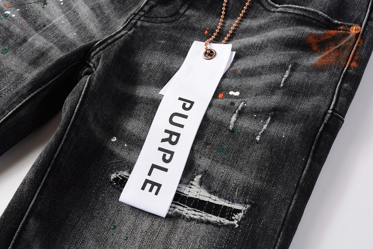 Men's High Street Distressed Black Gray Damaged Holes Spray Paint Stretch Slim Fit Ripped Jeans