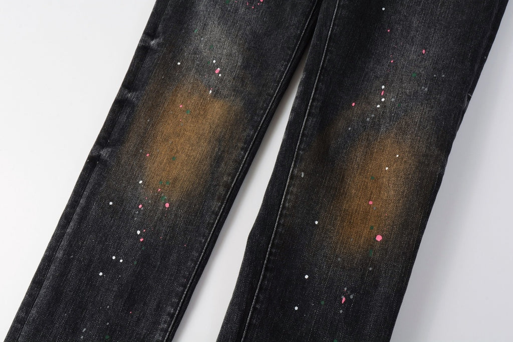 American Vintage Men's Distressed Dark Gray Skinny Jeans with Spray Paint & Ripped Holes