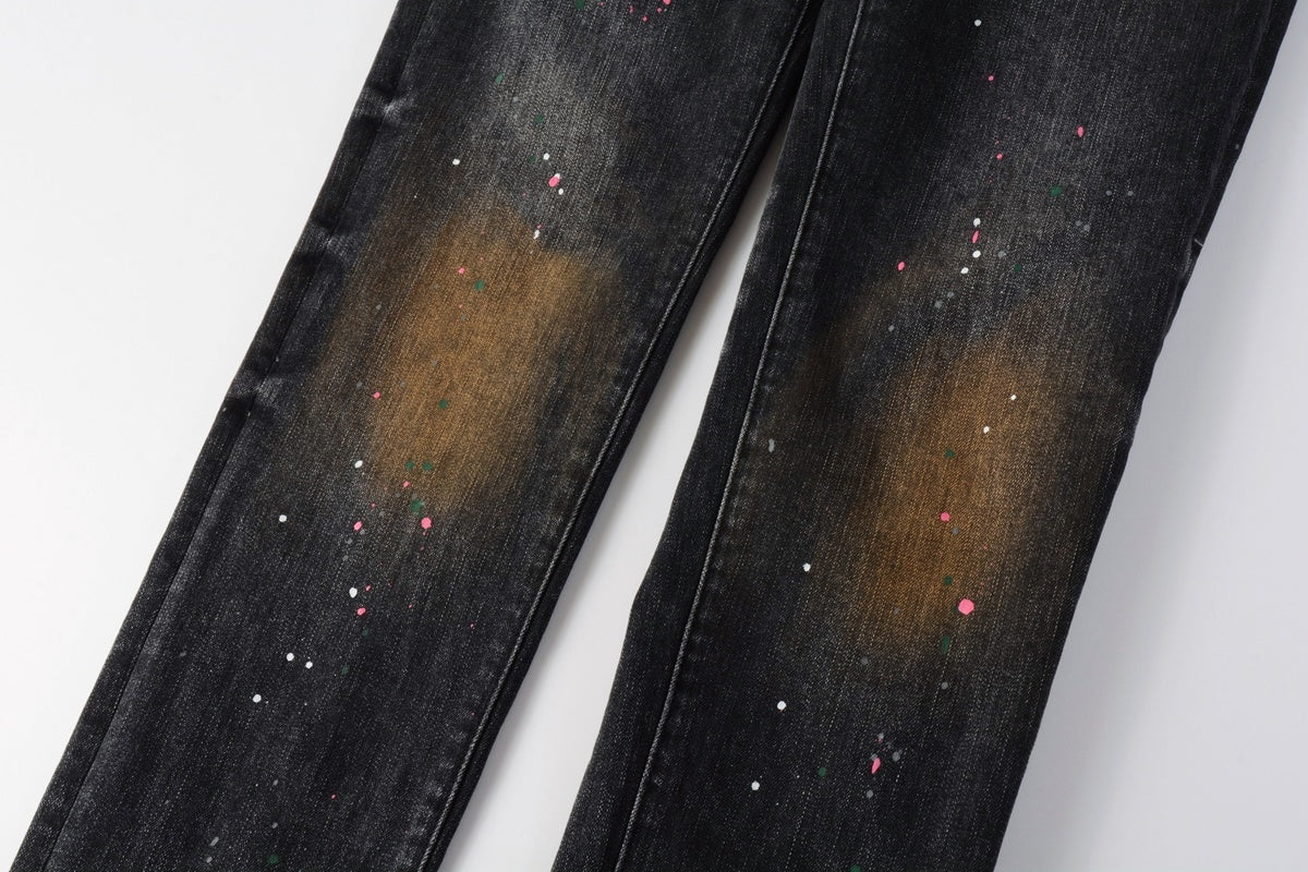 American Vintage Men's Distressed Dark Gray Skinny Jeans with Spray Paint & Ripped Holes