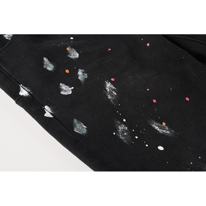 Men's Black Paint Splatter Distressed Skinny Jeans | Streetwear Ripped Slim Fit Denim Pants